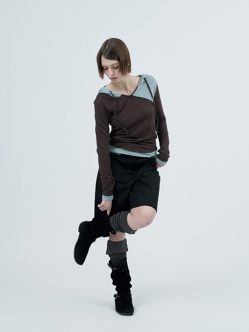 dot wrap layered hoodie / brown