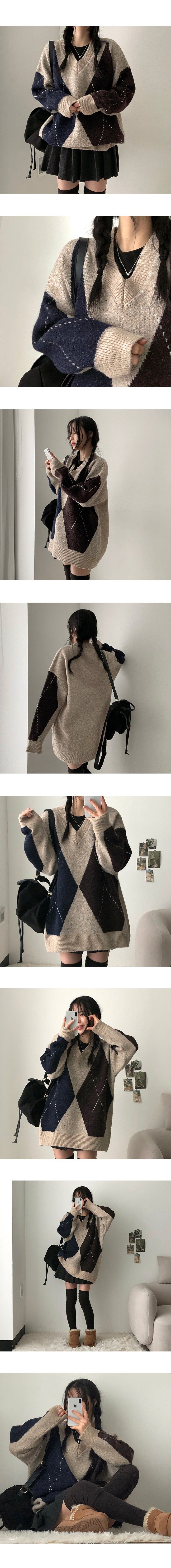 Seonan Argyle Over V-Knit