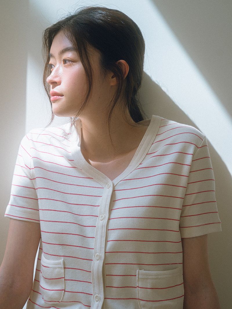 Minimal Strip Cardigan - Red