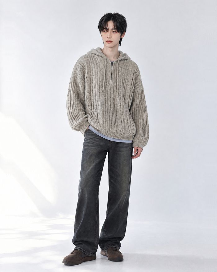 (UNISEX) Follow Half Zip Cable Knit Hoodie