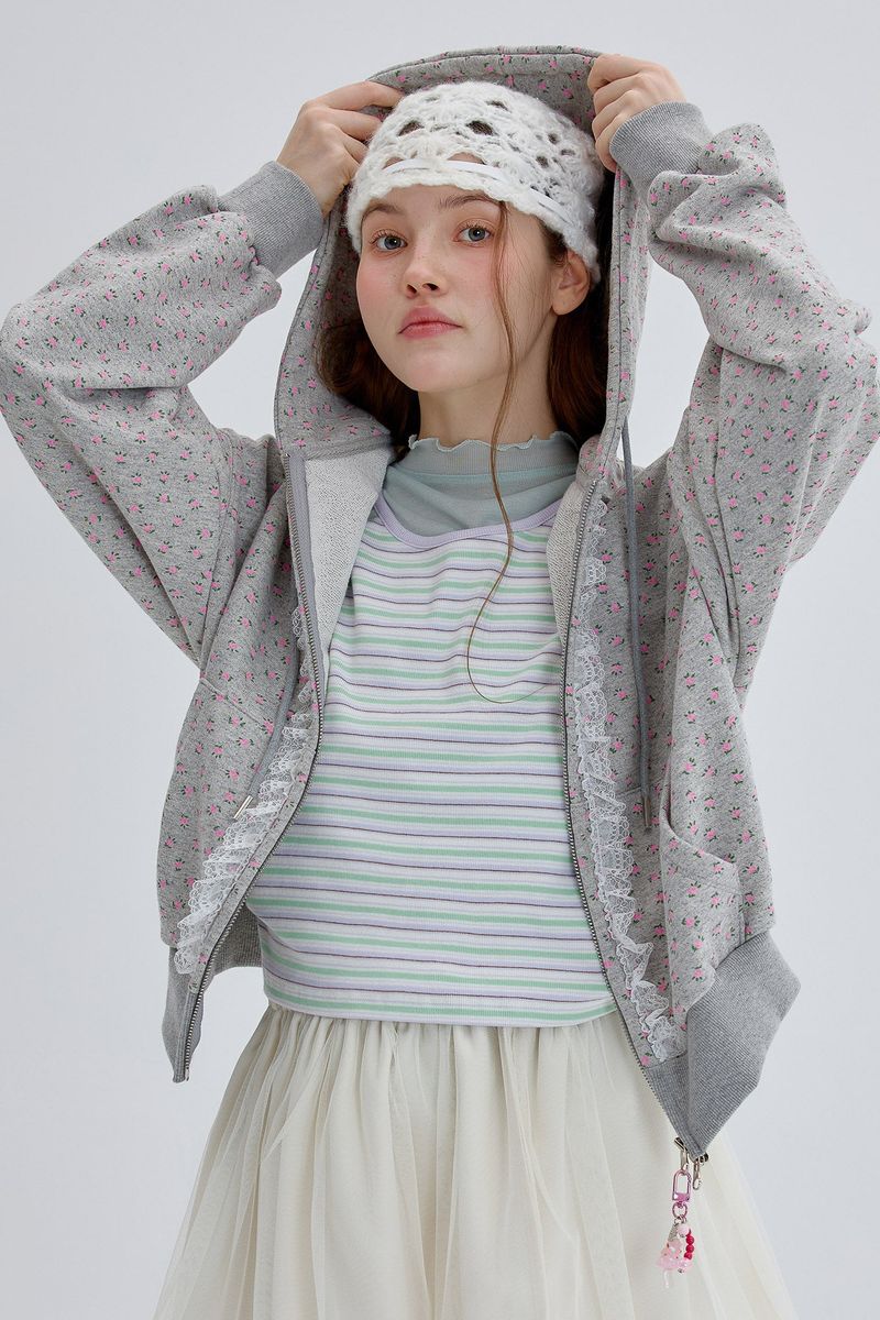 Lace Hood Zip Up [Gray]