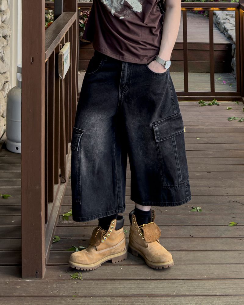 Kazen Washed Cargo Bermuda Denim Pants