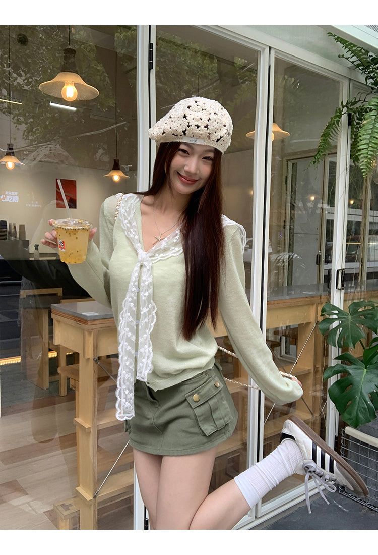 Mint green lace thin V-neck knitwear