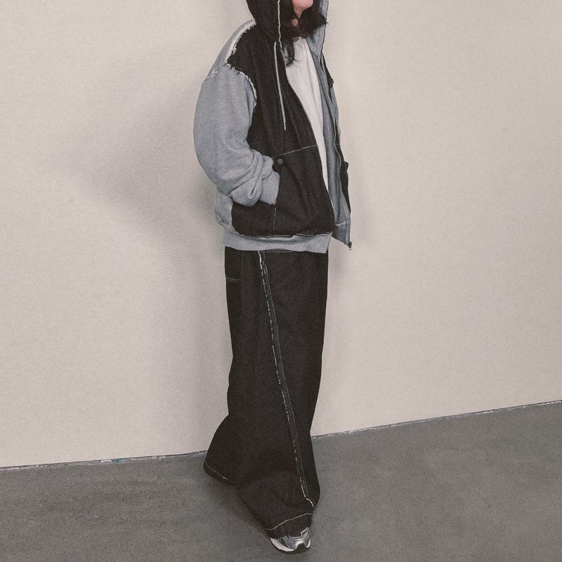 layered deconstructed zip-up hoodie_black