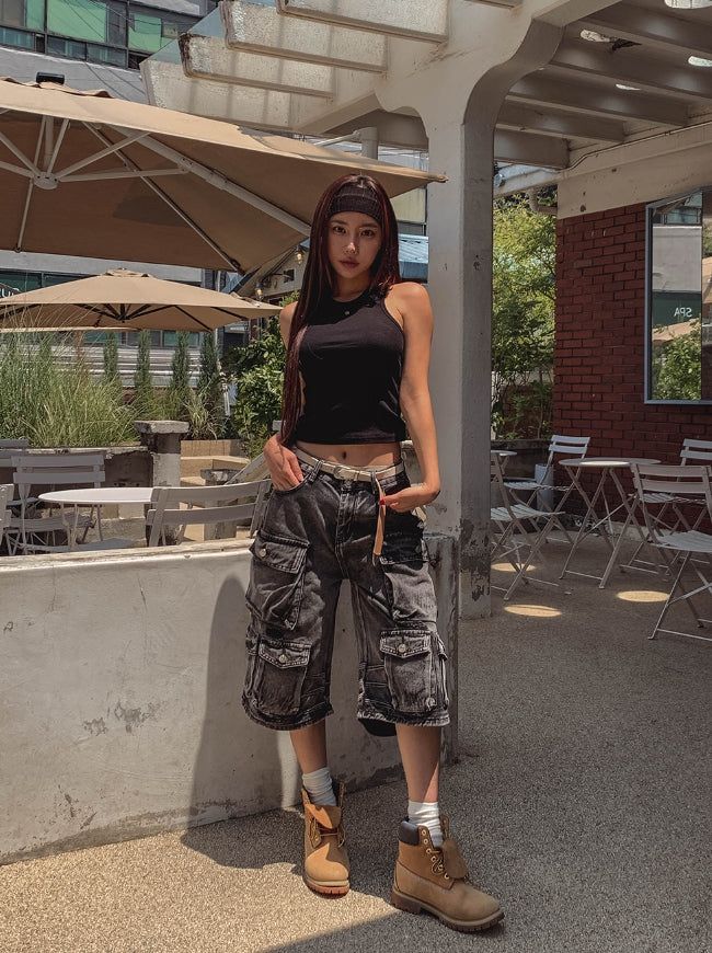 Super Pocket Cargo Half Denim Pants