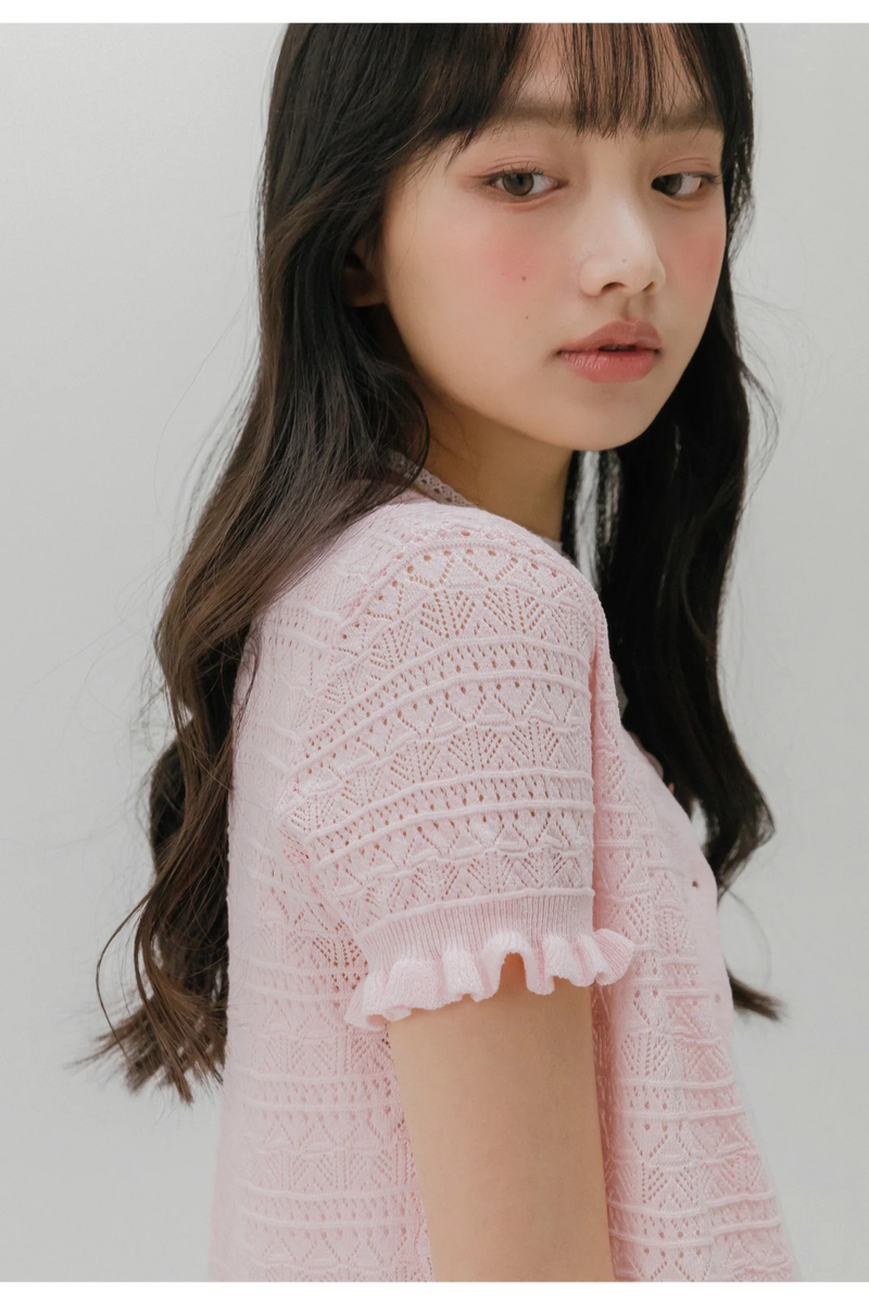CROCHET SHORT-SLEEVED KNIT CARDIGAN (LIGHT PINK)