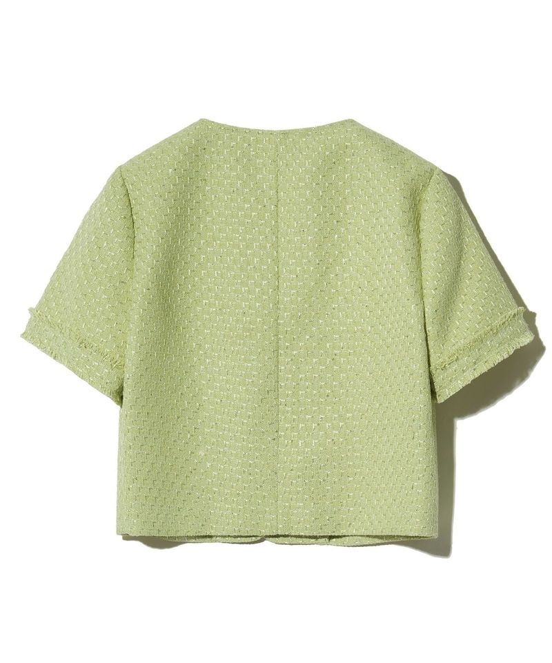 85-VIVAJ054 Pocket Fringe Crop Tweed Half Jacket Green