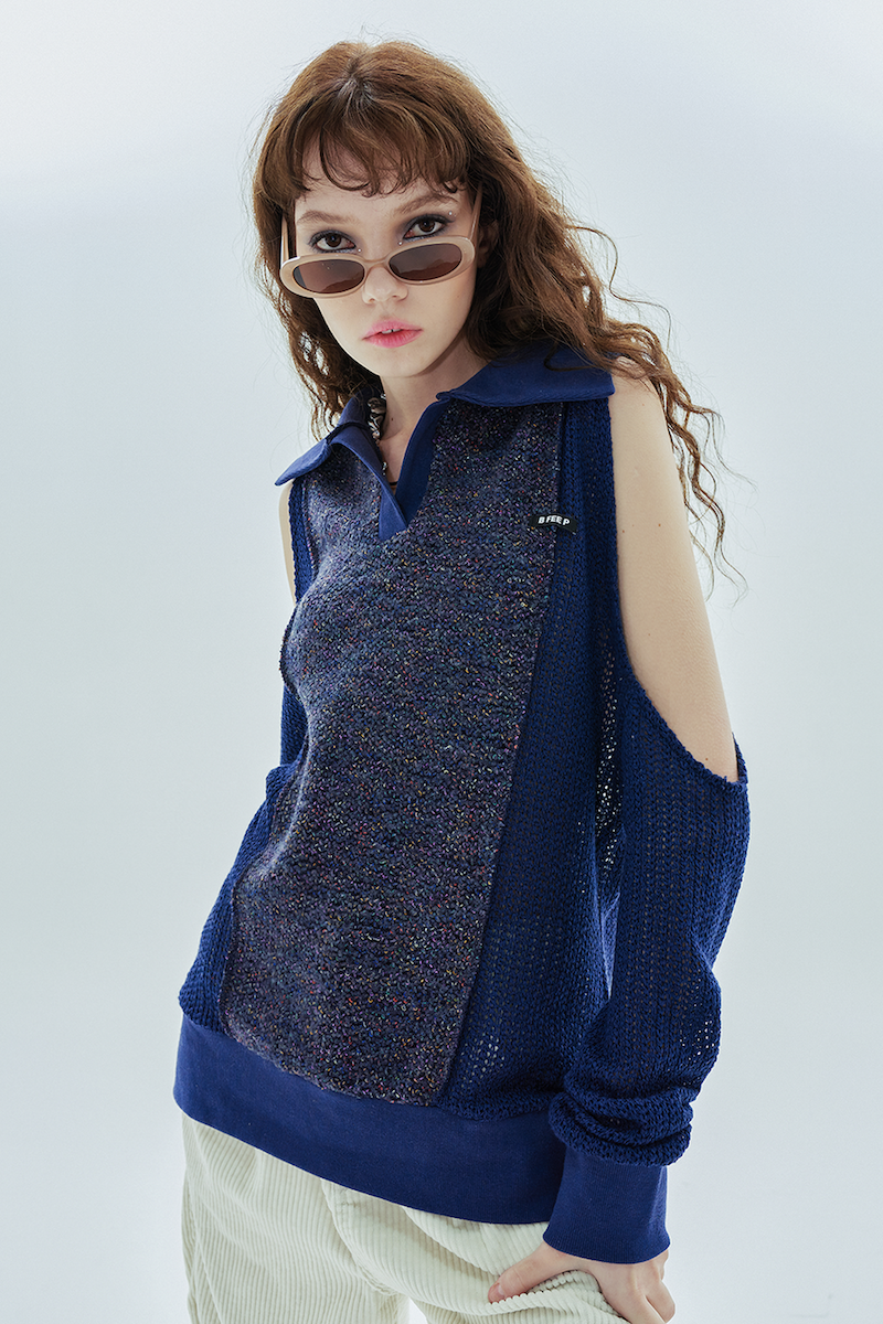 hole collar knit_navy