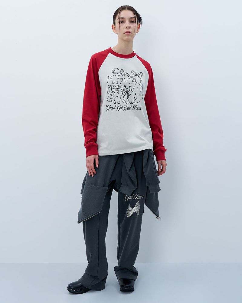 RIBBON CATS RAGLAN LONG SLEEVE-RED