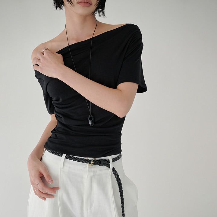 [Bachein] One-Shoulder Shirred Short-Sleeve T-Shirt - 4 Colors