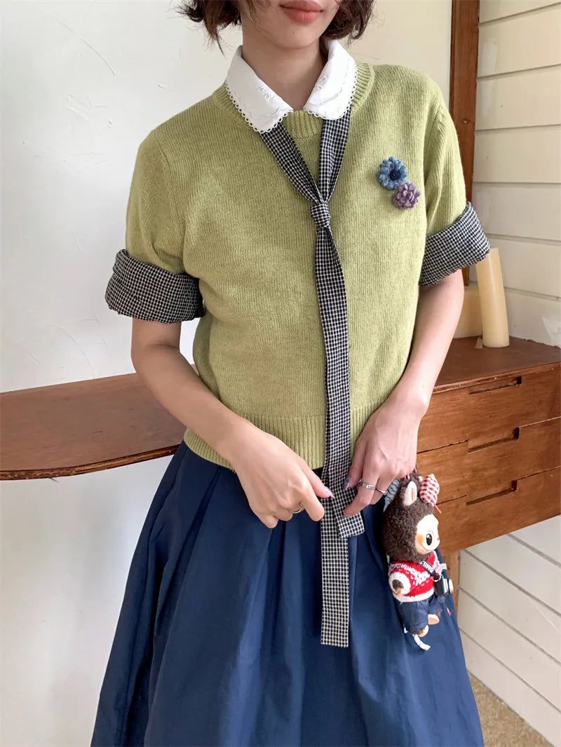 [1+1 Special] Tours Flower Decor Round Neck Wool Short Sleeve Knit
