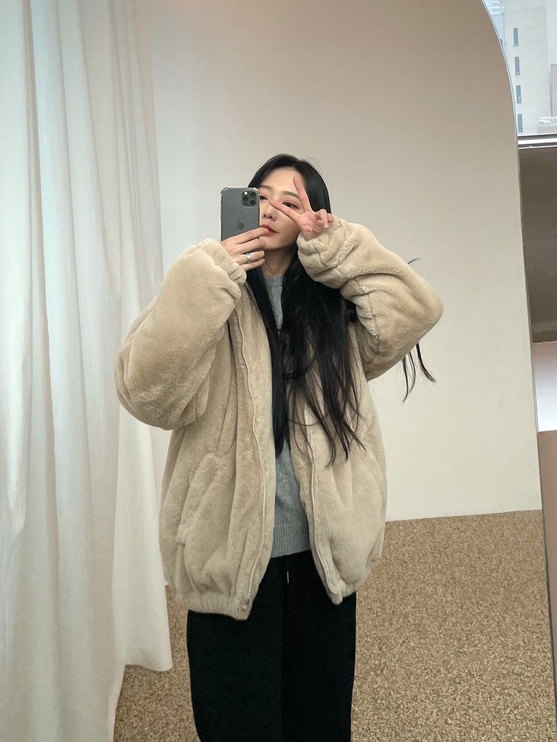 Pleddy Rabbit Fur Zip Up Jacket (5color)