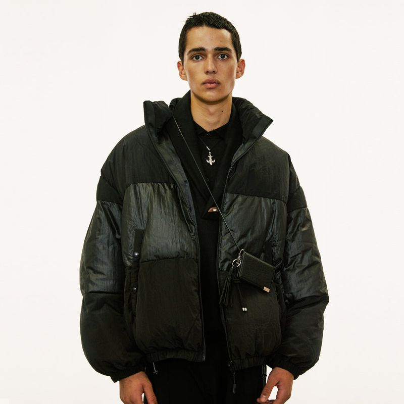 reversible wrinkles nylon high neck puffer