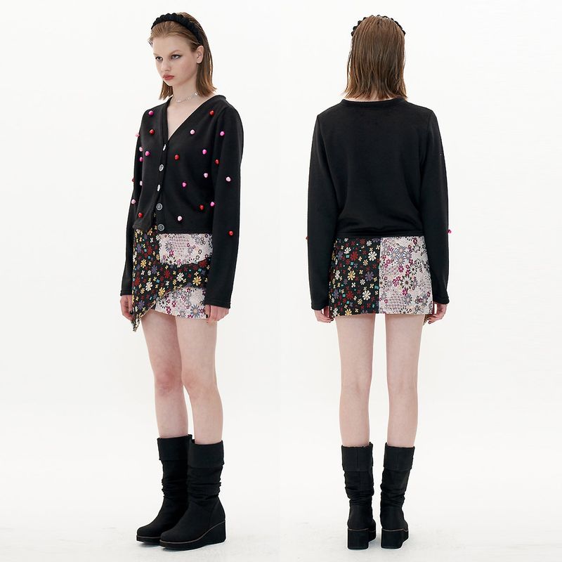 Jacquard Skirt [Black Pink_Flower]