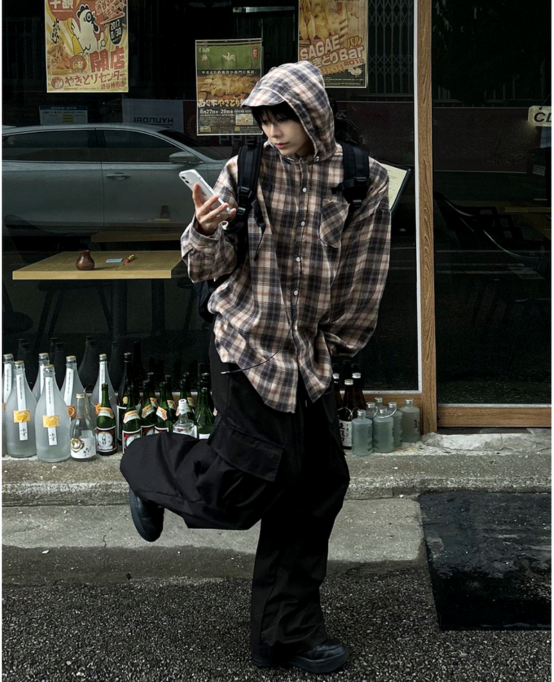 lable hood check shirt