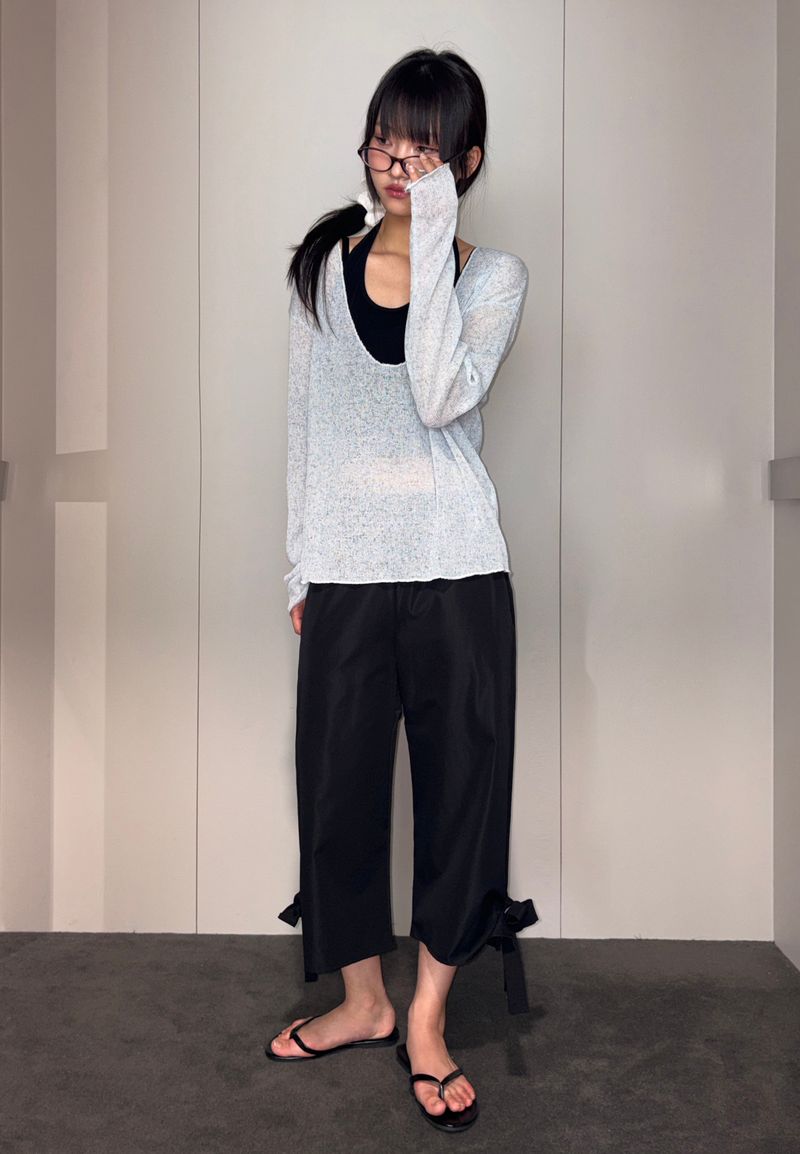 Slacks Side Ribbon Relaxed Fit Capri Pants 2color
