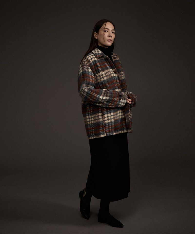 W COZY HAIRY CHECK JACKET NAVY