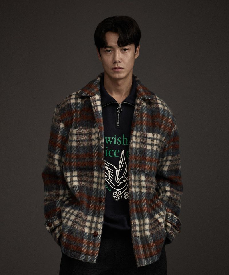 COZY HAIRY CHECK JACKET NAVY