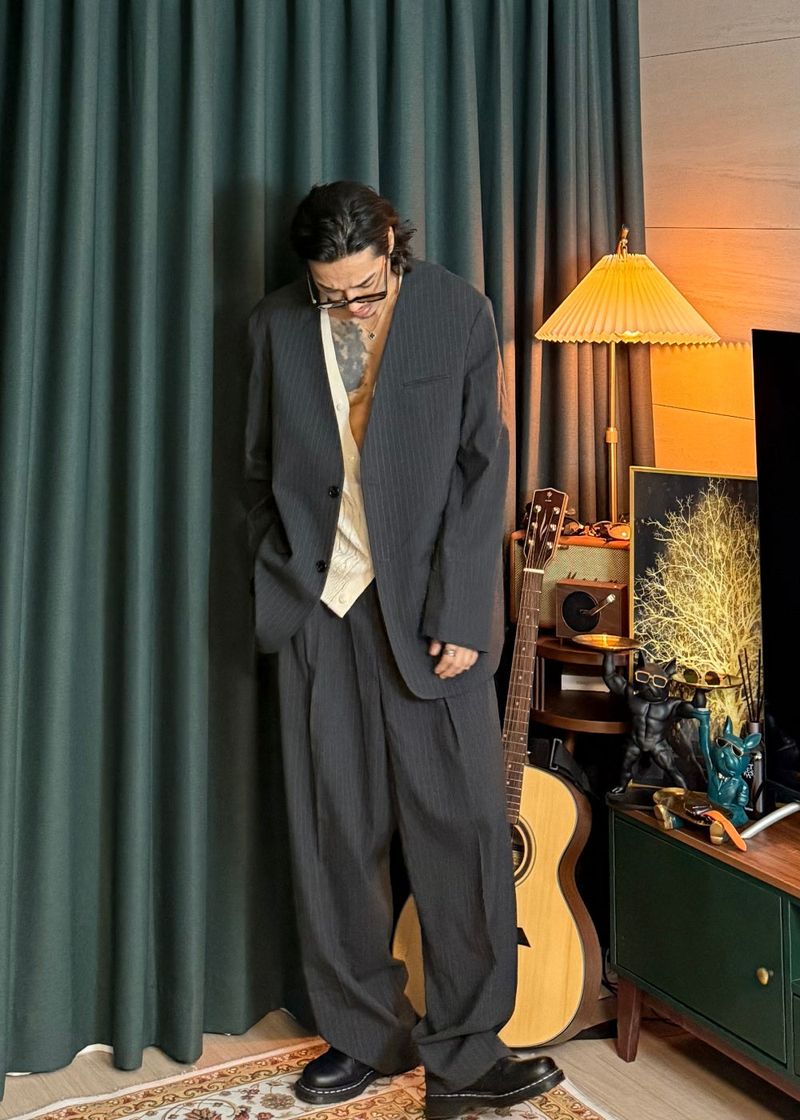 No-Collar Striped V-Zip Slacks 2COLOR