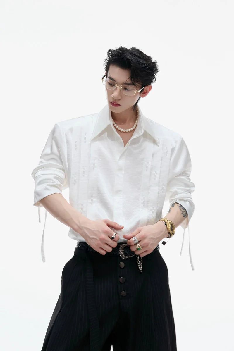 Metallic Tie Pearl Pleated Shirt