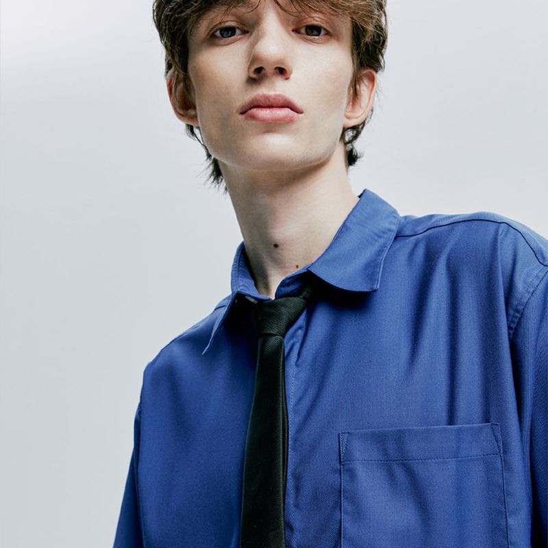 [SLIMTIE SET]fine twill tip half shirt blue