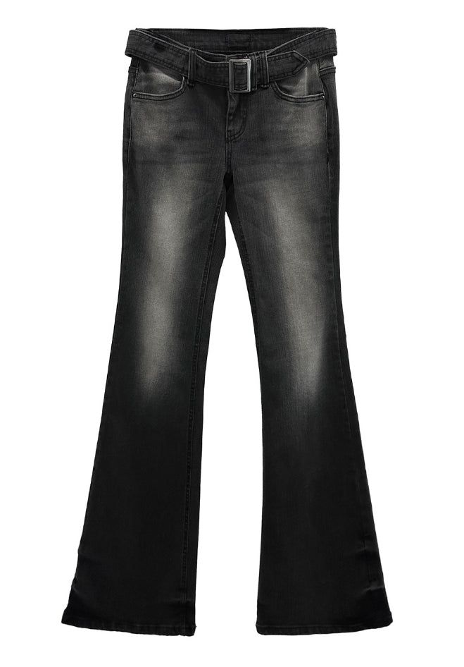 Belted washed bootcut black denim