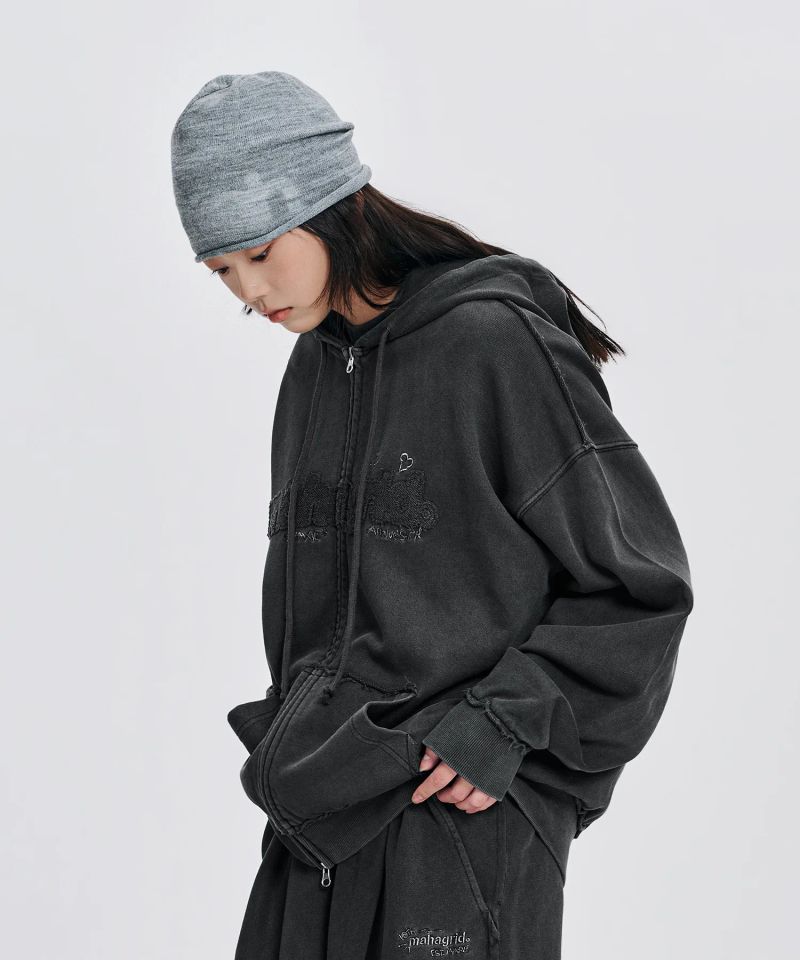 BASIC LOGO PIGMENT ZIP-UP HOODIE_CHARCOAL