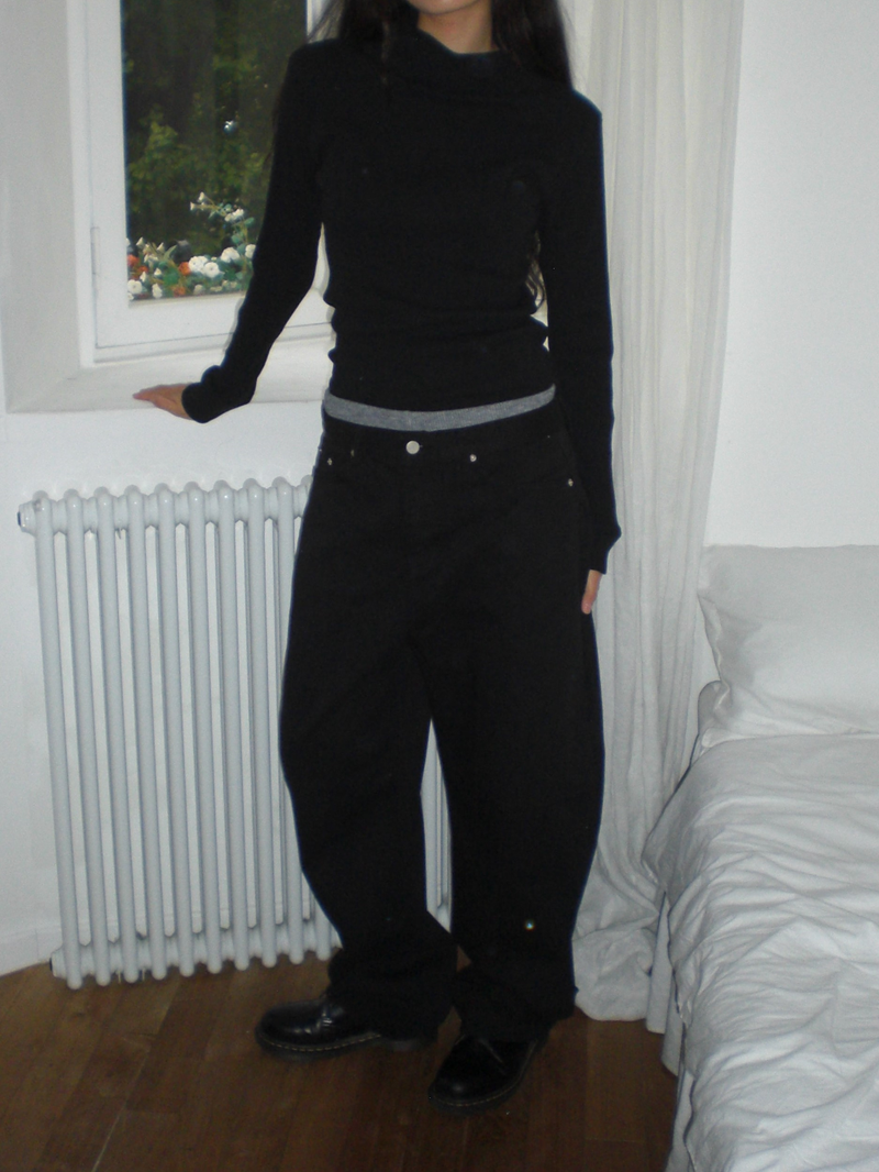 Curved wide cotton pants [Black]