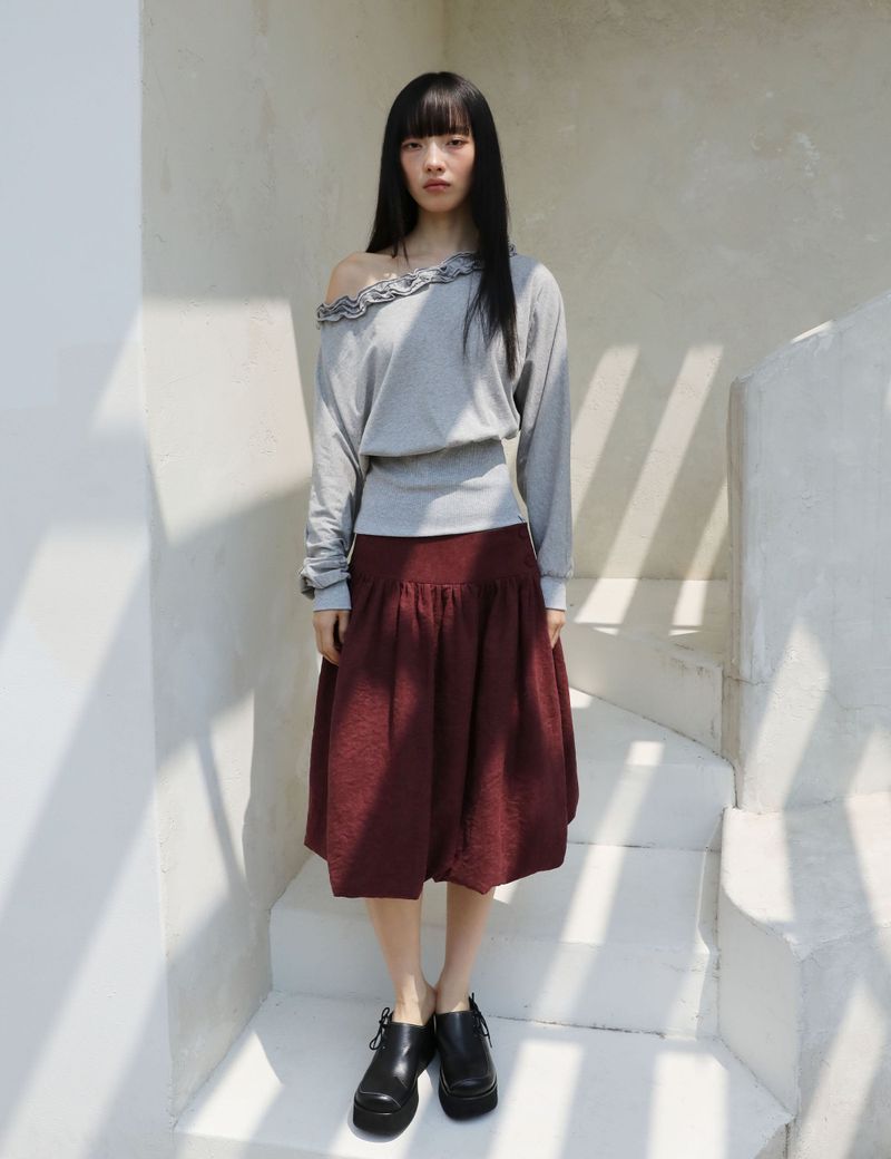 BUTTON PUMPKIN MIDI SKIRT(BURGUNDY)