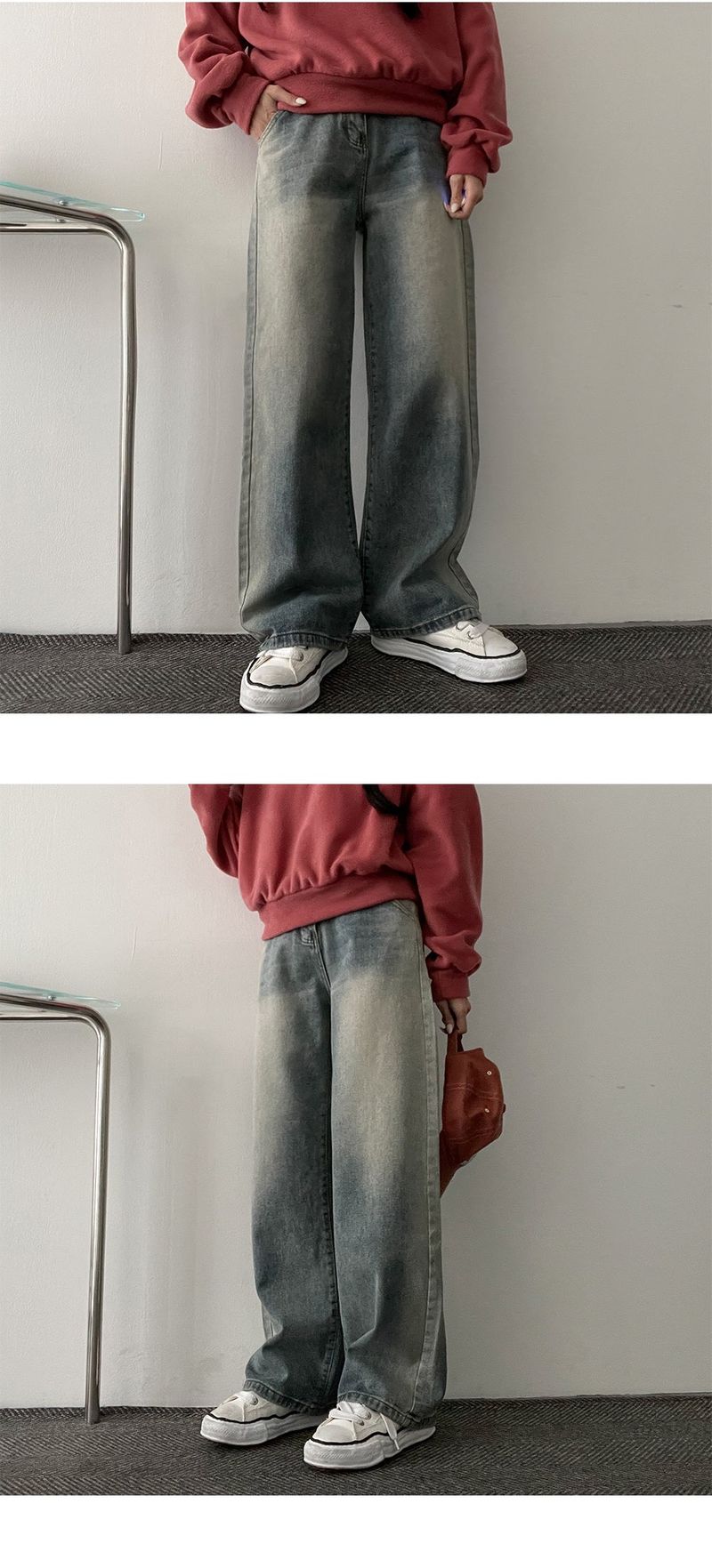 Lef back banding deep washed wide denim pants