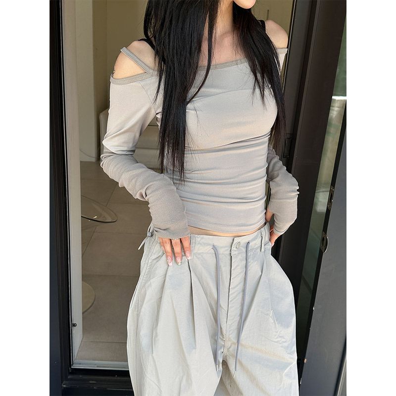 [S/S] Off shoulder shirring long sleeves