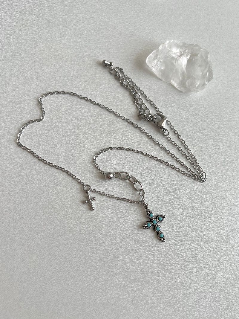 sif color twin cross turquoise vertical double ball short long layered gemstone necklace