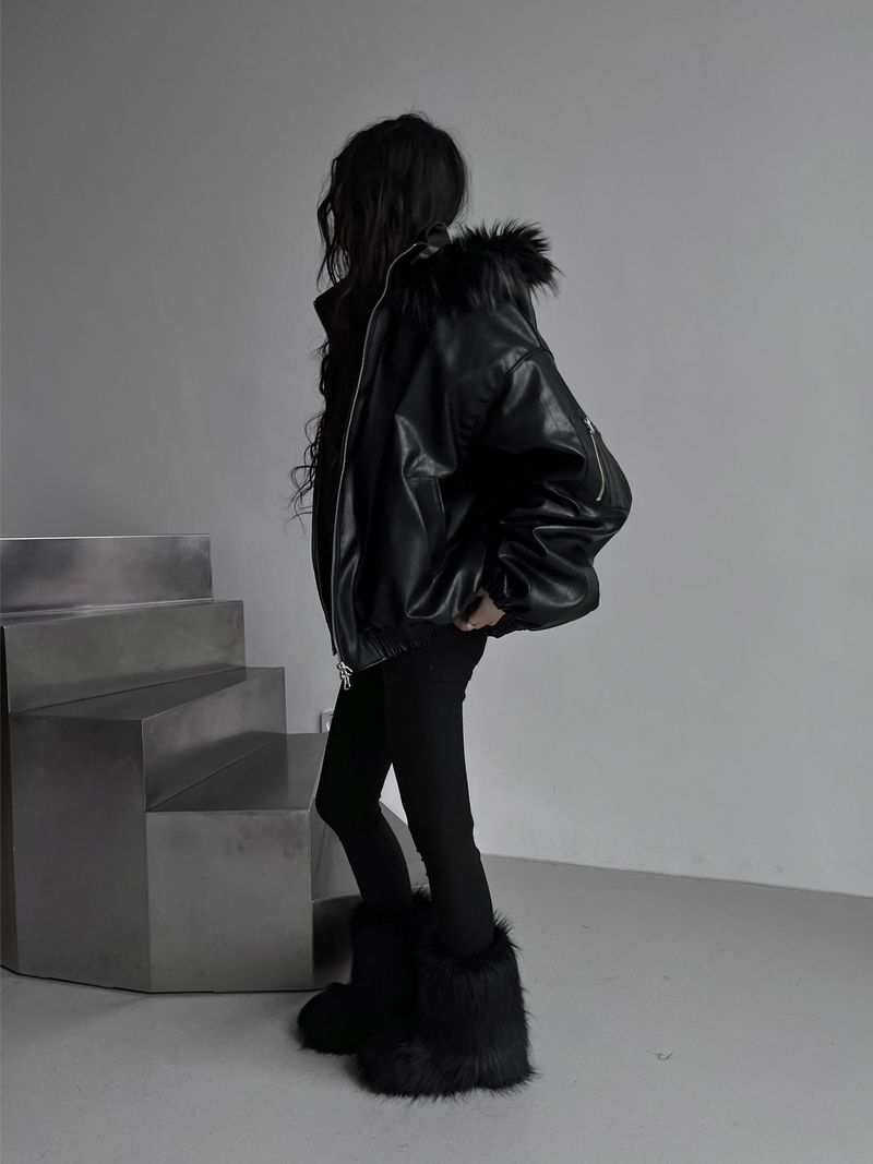 overfit fur hood leather jacket
