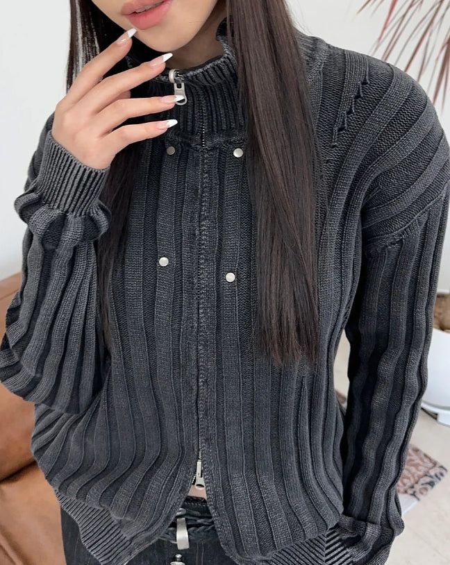 Terry Pigment Ribbed Knit Zip-Up