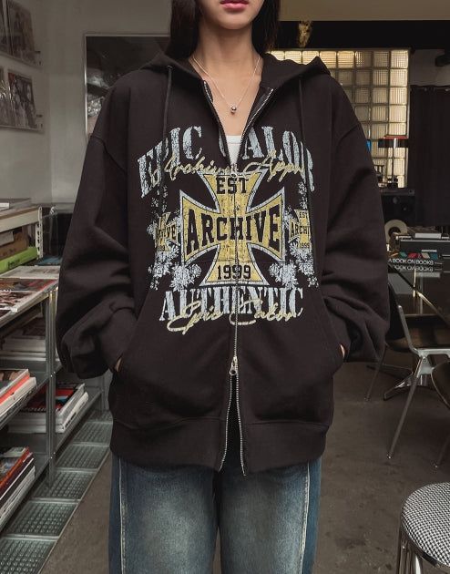 Cross Vintage Printing Two-Way Hood Zip-Up