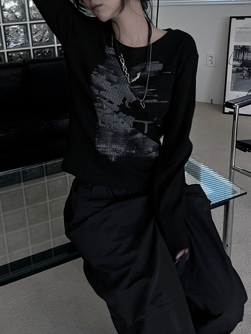 printed ribbed long sleeves (2color)