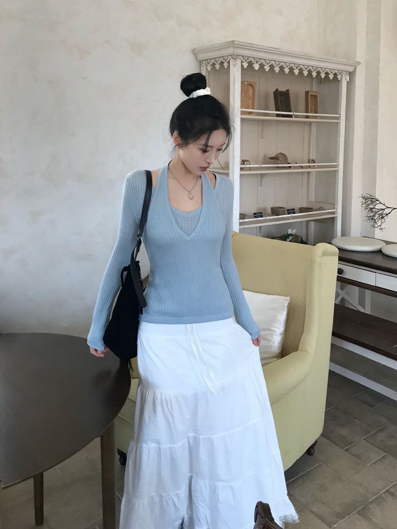 Second Layered Wrap Slim Fit Long Sleeve Rib Knit