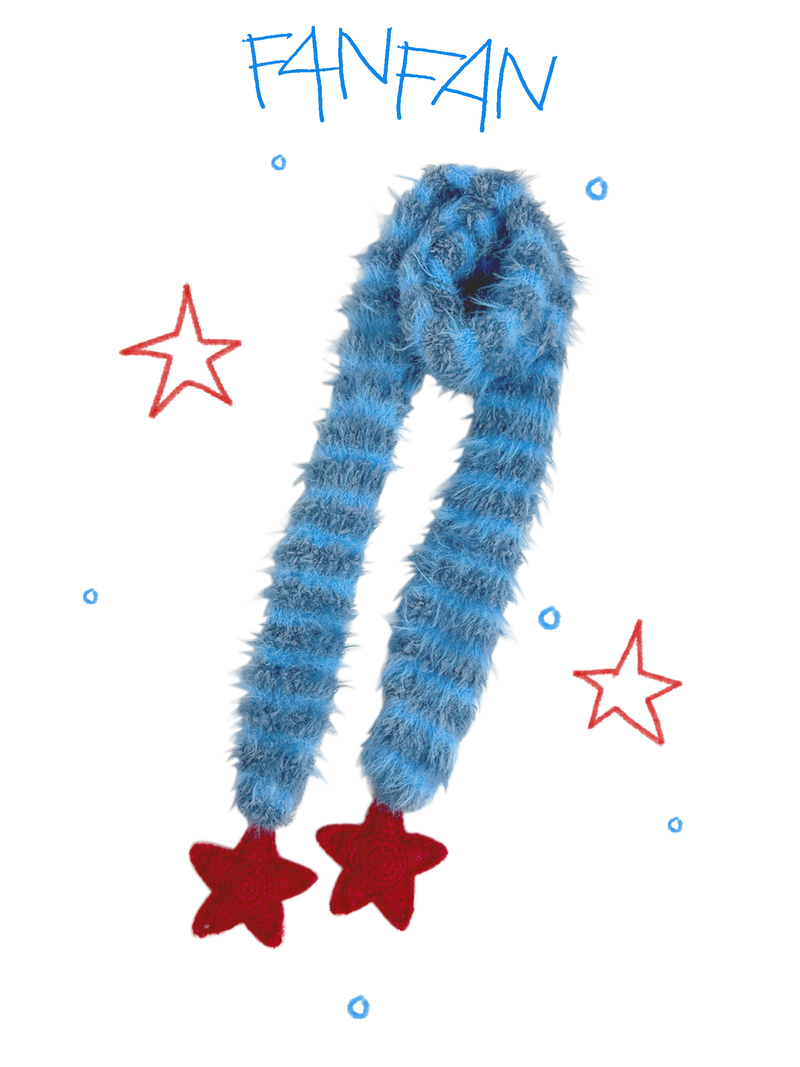 Fluffy Striped Scarf with Red Crochet Stars at Both Ends (Winter Sun Red &Glacier Blue)