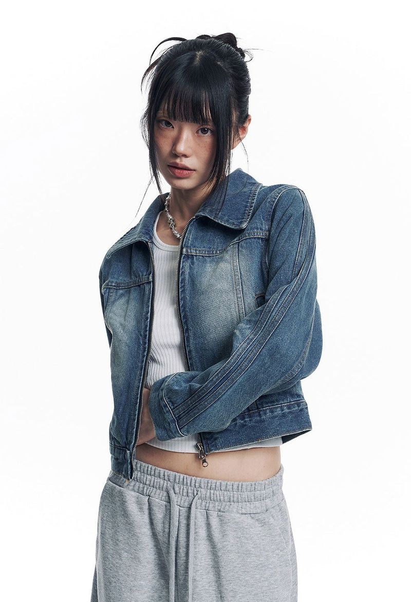 Washed Crop Track Denim Jacket - Deep Blue