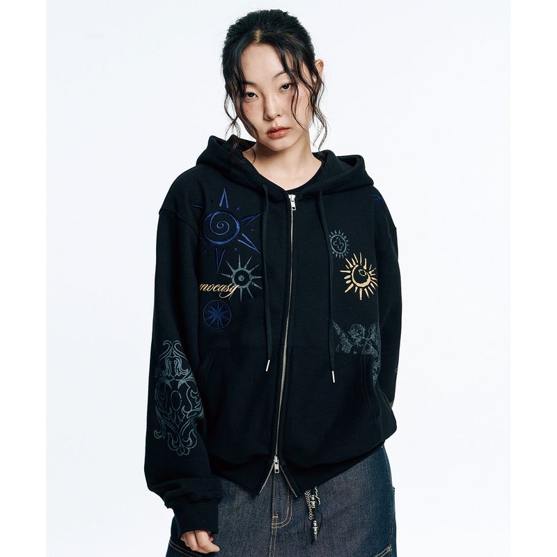 Multi-Print Crop Hoodie Zip-Up - Black