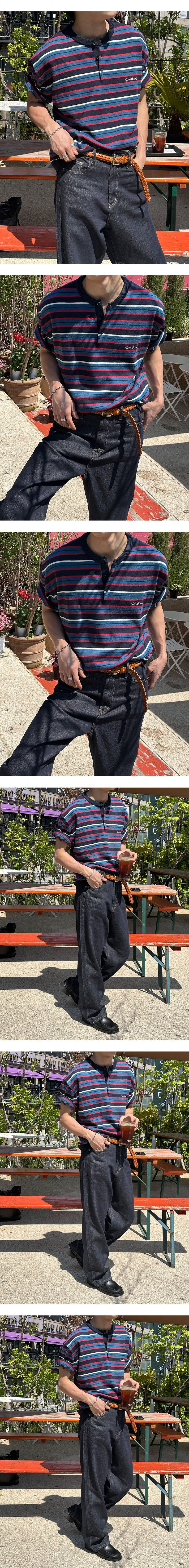 [S/S] Multi stripe henry neck half knit(3color)