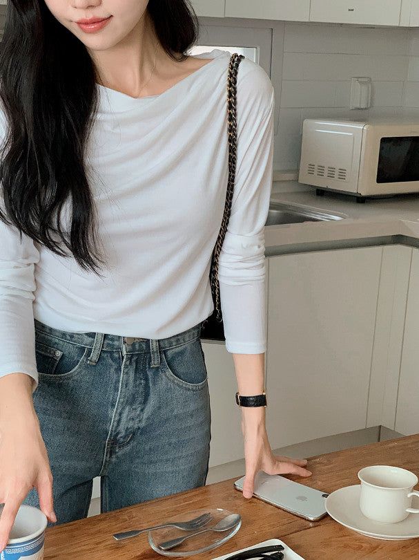Drape Off Shoulder Long Sleeve T-shirt (5color)