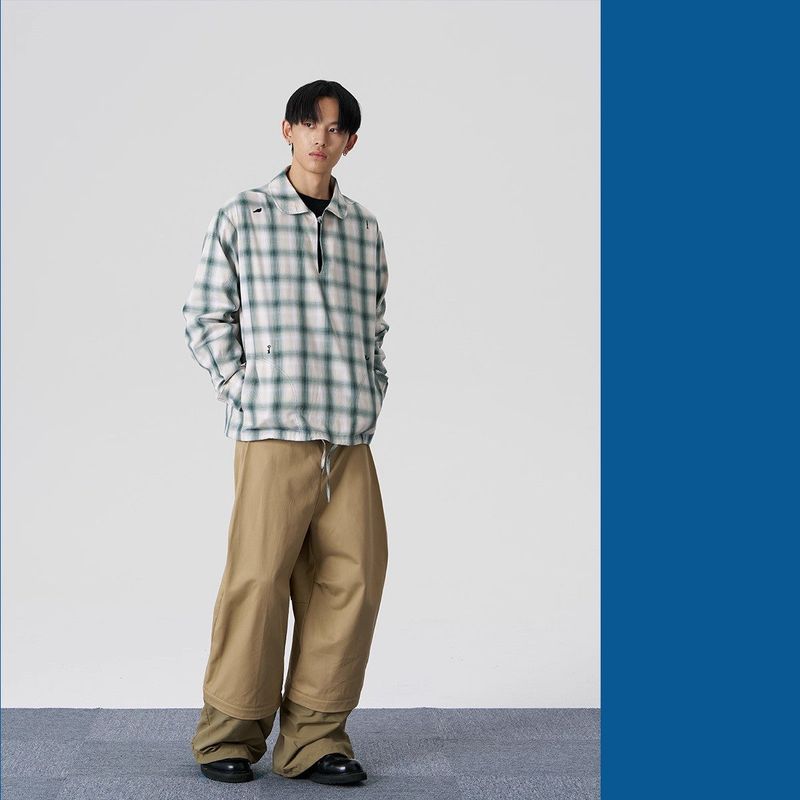 FMACM Collared Drawstring Plaid Shirt