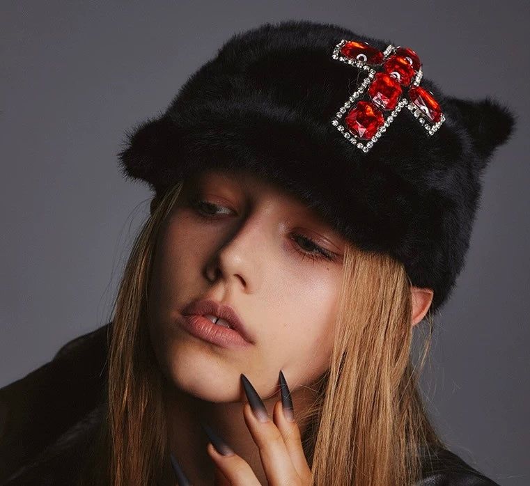 Black fluffy Cat's Ears Baseball Cap