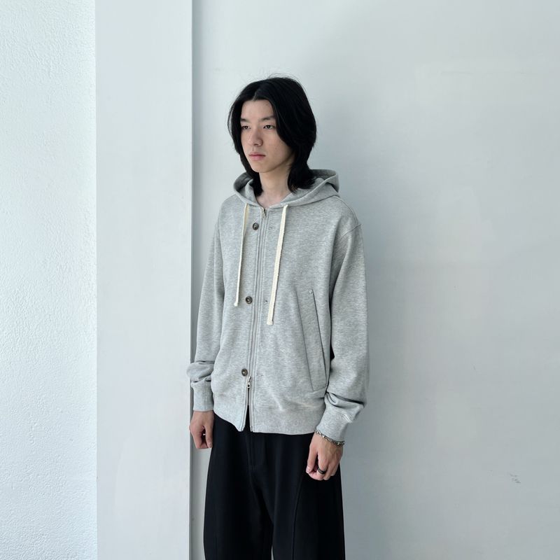 Button Detail Thick Drawstring Zip Hoodie