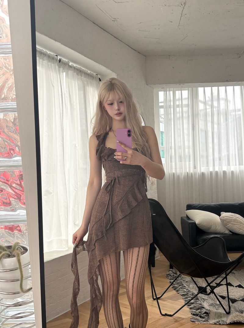 Brown Asymmetrical Ruffle Mini Dress