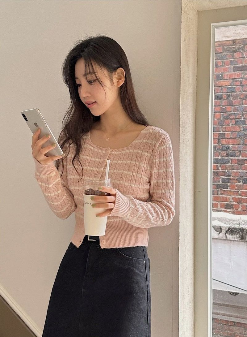 Border Cashmere Cable Knit Cardigan (5color)