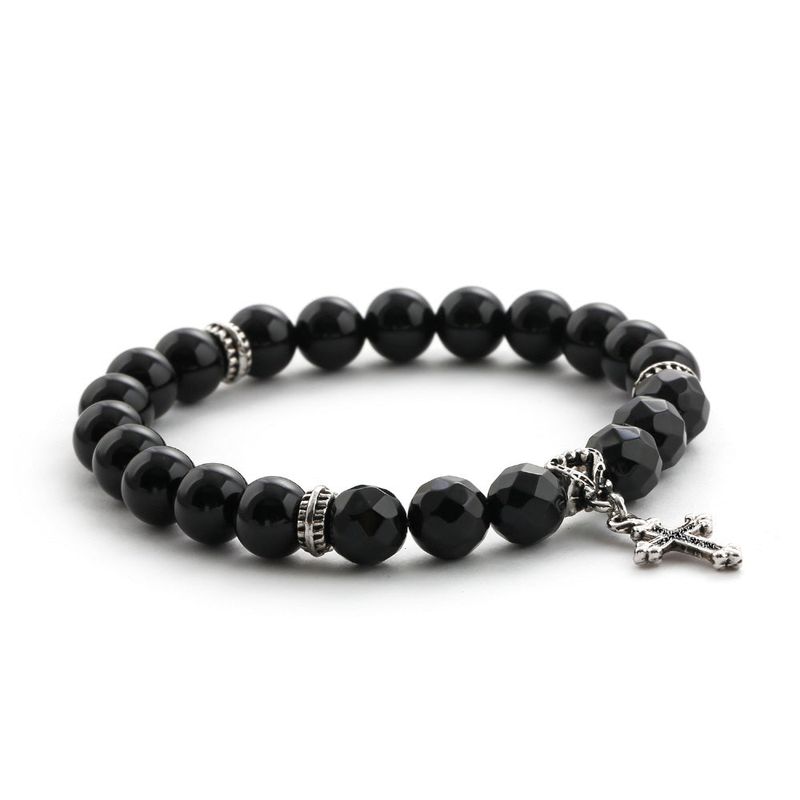 C22SVB-1002 Natural Stone Black Cutting Cross Onyx Bead Bracelet