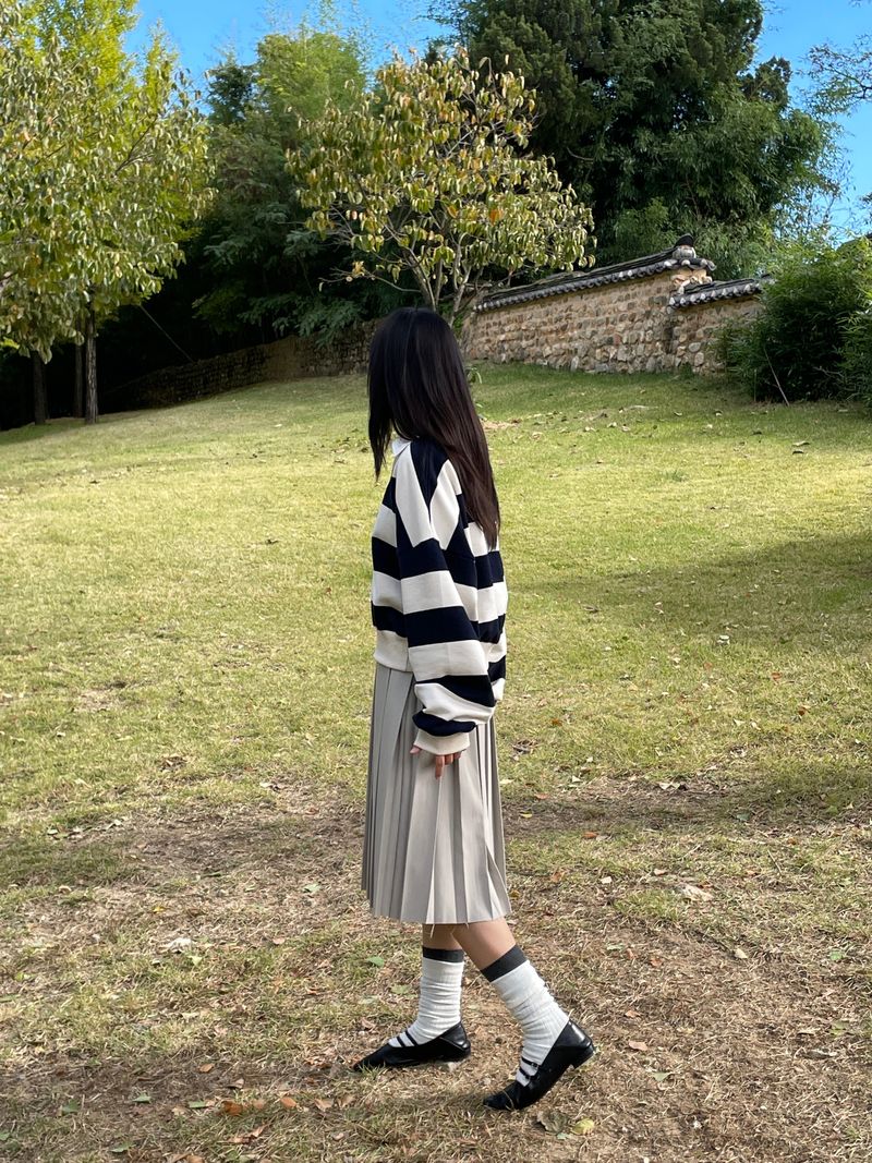Fringe cut-out midi pleats skirt 