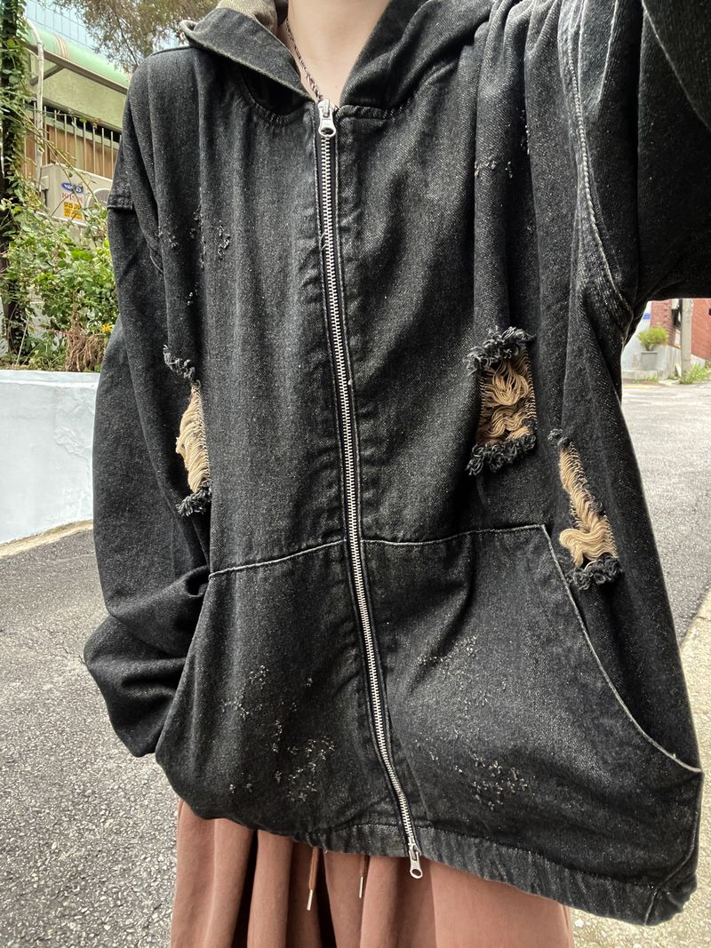 Vintage Dis denim Hooded Zip-Up